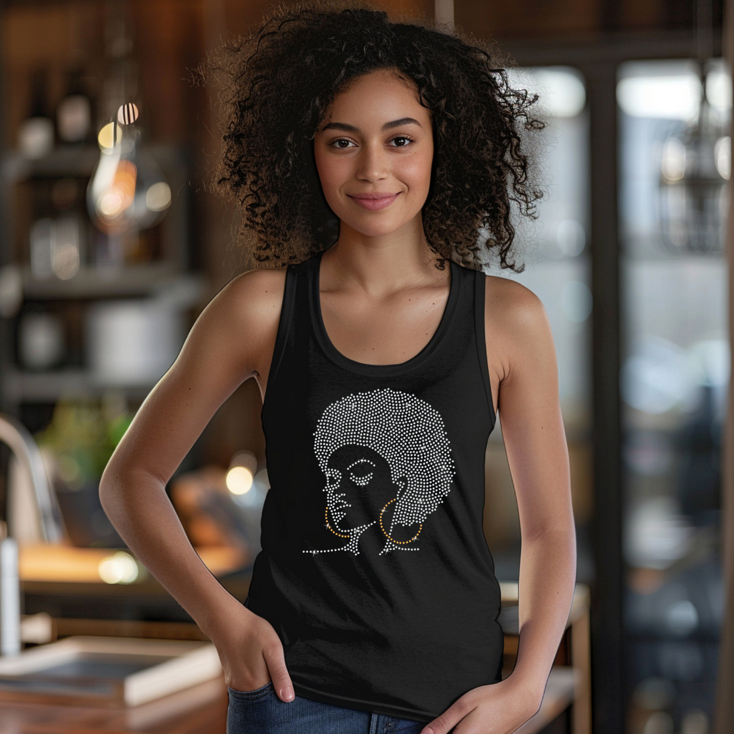 Afro Lady Tank Top Rhinestone